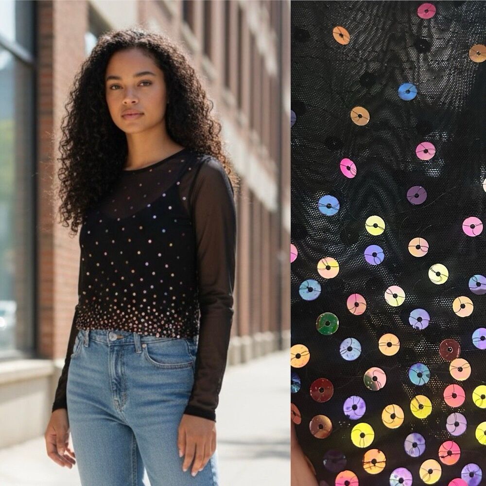 Vintage Cache Y2K Mesh Black Top Multi Colored Sequins Size Medium